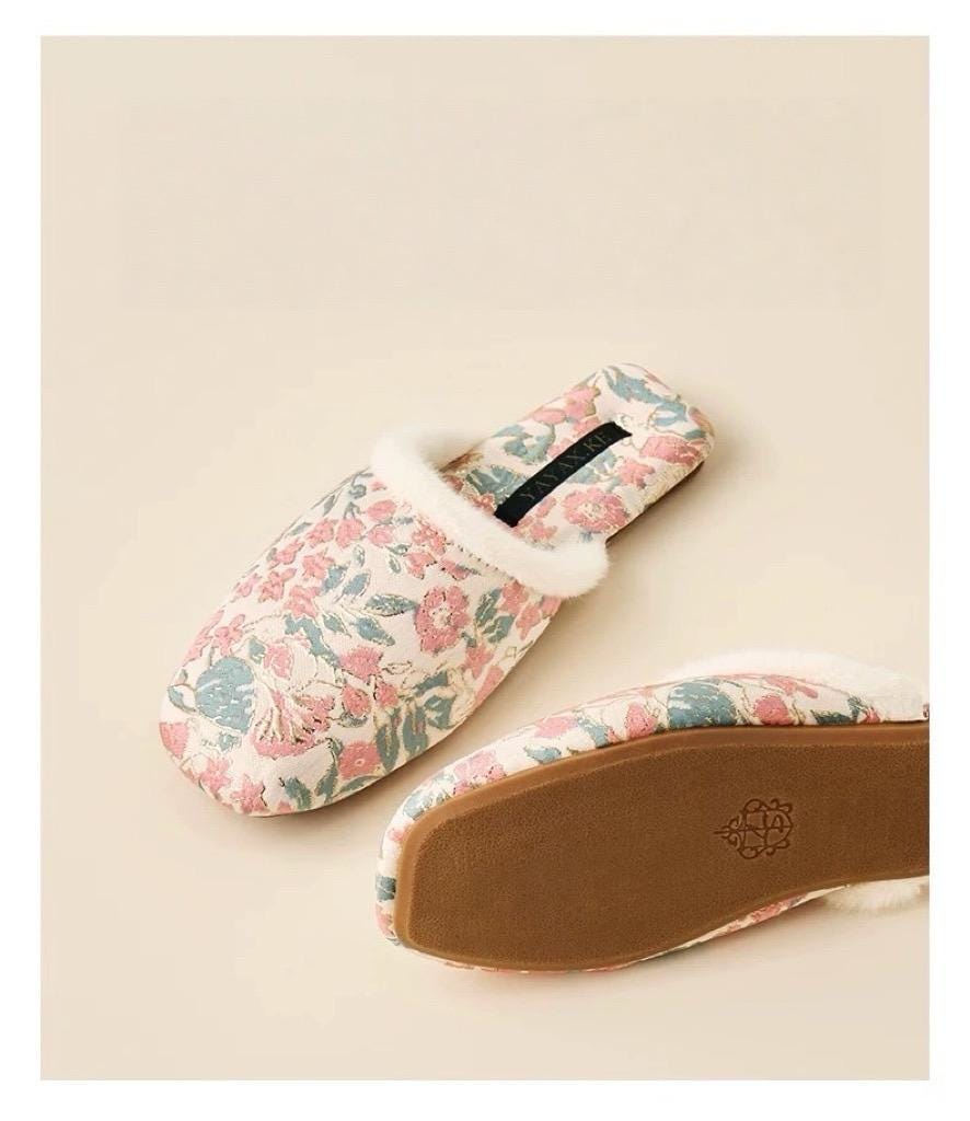 Embroidered Brocade Slippers: Faux Fur Lined Oriental Mules