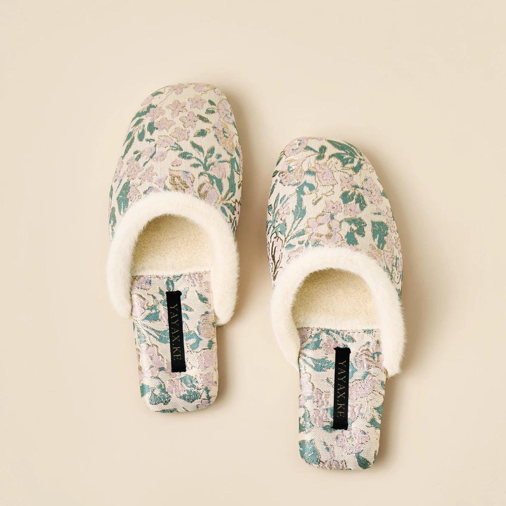 Embroidered Brocade Slippers: Faux Fur Lined Oriental Mules