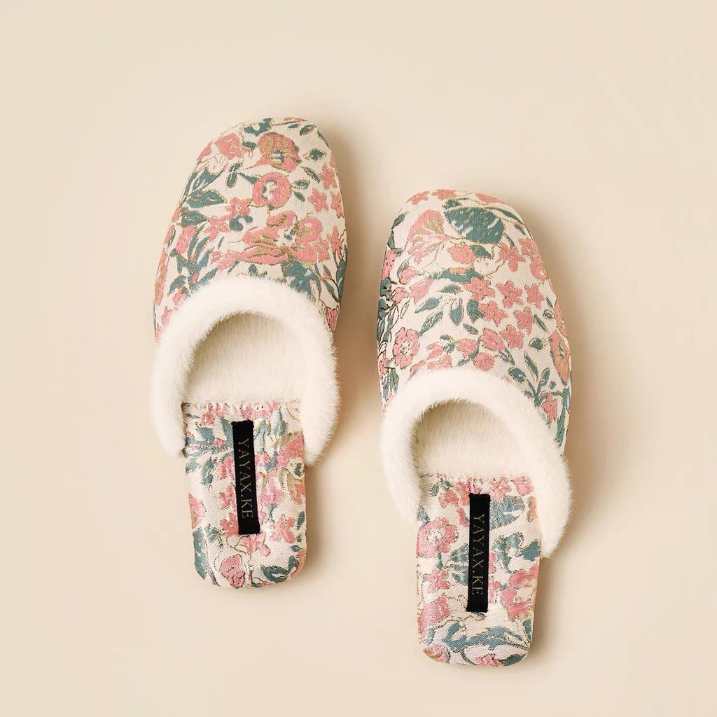 Embroidered Brocade Slippers: Faux Fur Lined Oriental Mules