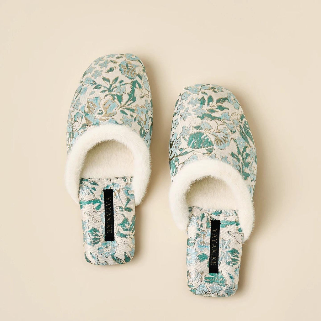 Embroidered Brocade Slippers: Faux Fur Lined Oriental Mules
