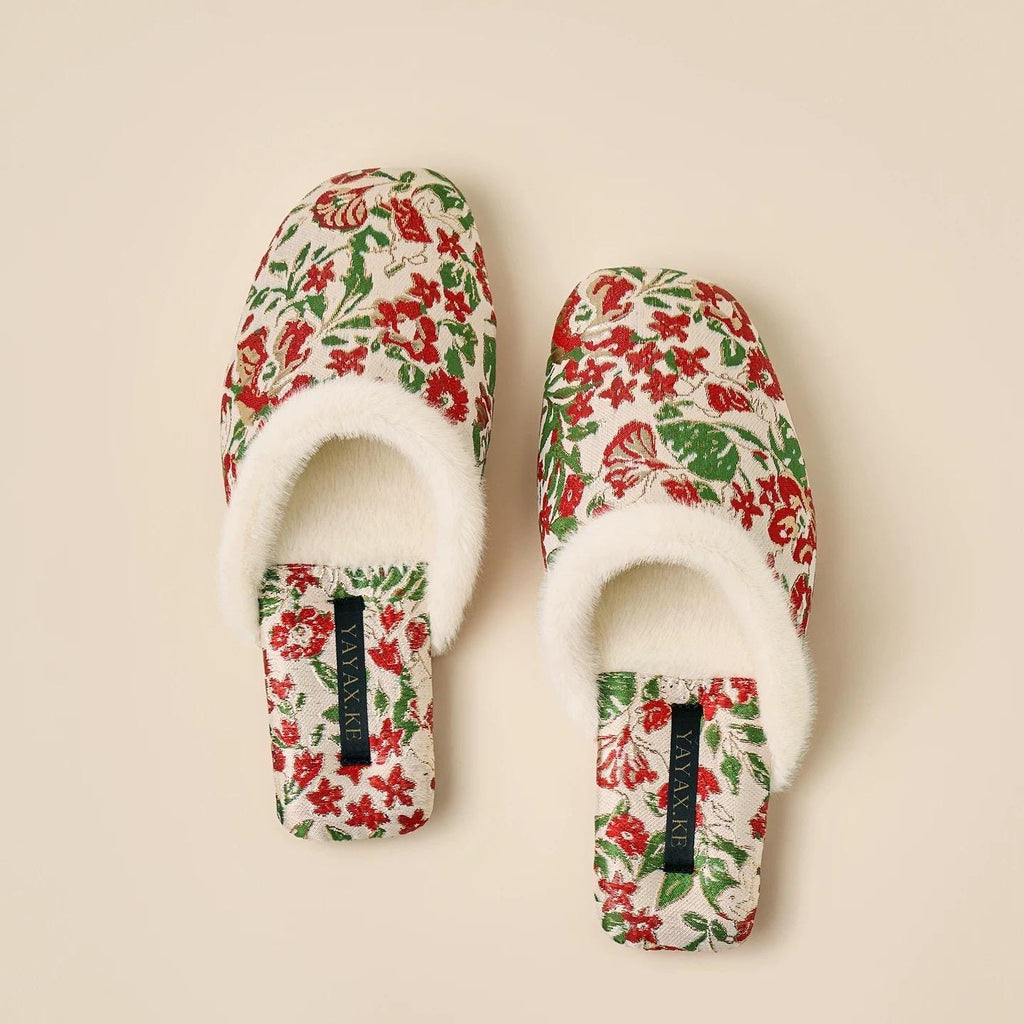 Embroidered Brocade Slippers: Faux Fur Lined Oriental Mules