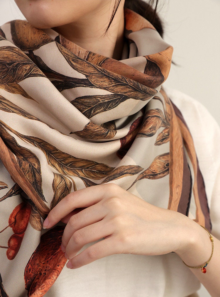 Mulberry Silk Scarf: Rhinoceros Lark Print, Hand-Rolled Twill