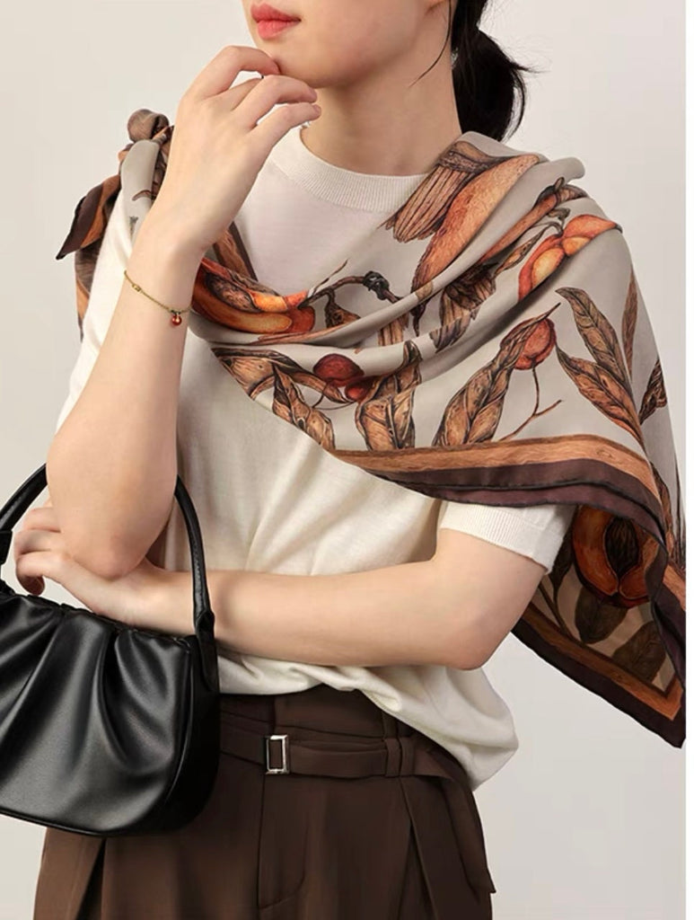 Mulberry Silk Scarf: Rhinoceros Lark Print, Hand-Rolled Twill