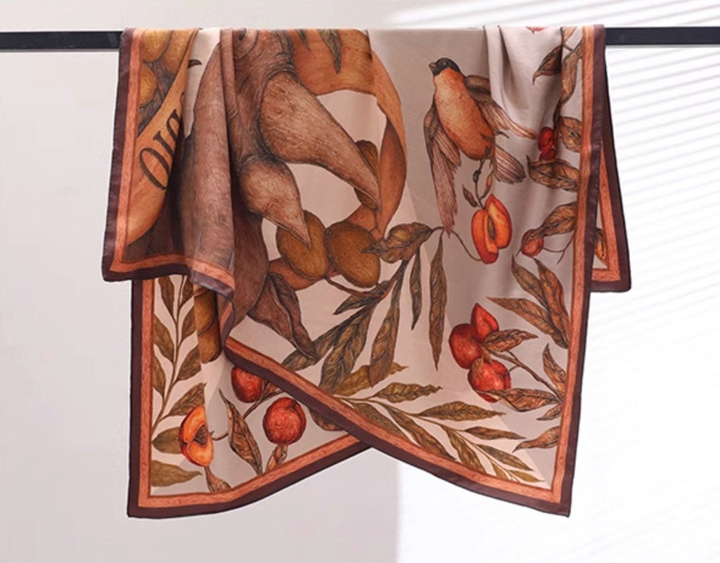 Mulberry Silk Scarf: Rhinoceros Lark Print, Hand-Rolled Twill