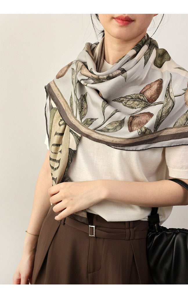 Mulberry Silk Scarf: Rhinoceros Lark Print, Hand-Rolled Twill