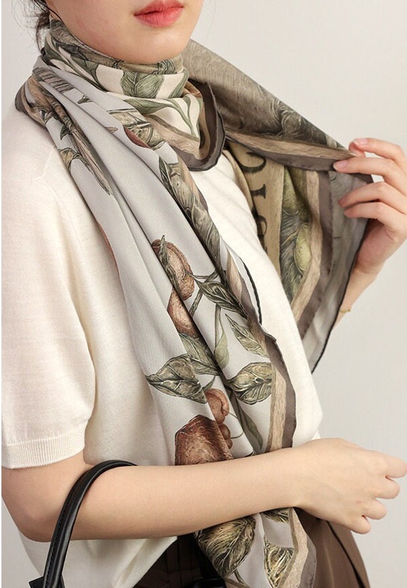 Mulberry Silk Scarf: Rhinoceros Lark Print, Hand-Rolled Twill