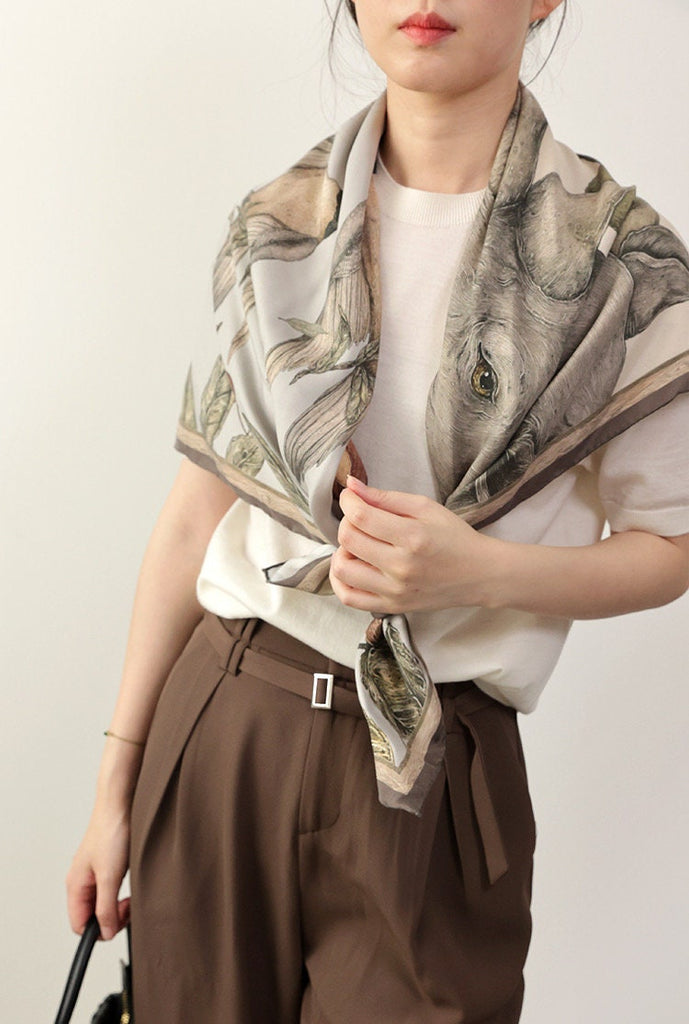 Mulberry Silk Scarf: Rhinoceros Lark Print, Hand-Rolled Twill