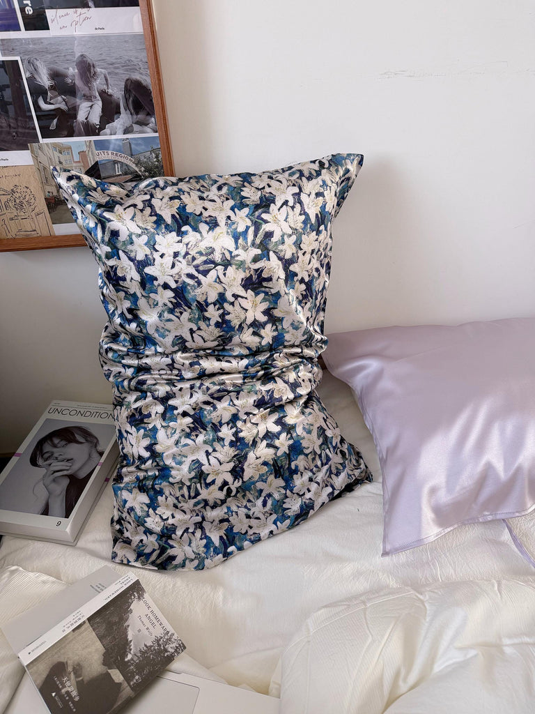 100% Silk Pillowcase Blue & WhiteOriental Lily for Luxury Silk Bedding Luxury Gift for Housewarming Gift for Wife Birthday Gift for her