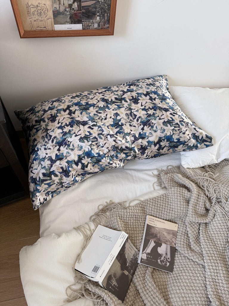 100% Silk Pillowcase Blue & WhiteOriental Lily for Luxury Silk Bedding Luxury Gift for Housewarming Gift for Wife Birthday Gift for her