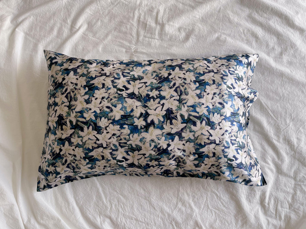 100% Silk Pillowcase Blue & WhiteOriental Lily for Luxury Silk Bedding Luxury Gift for Housewarming Gift for Wife Birthday Gift for her