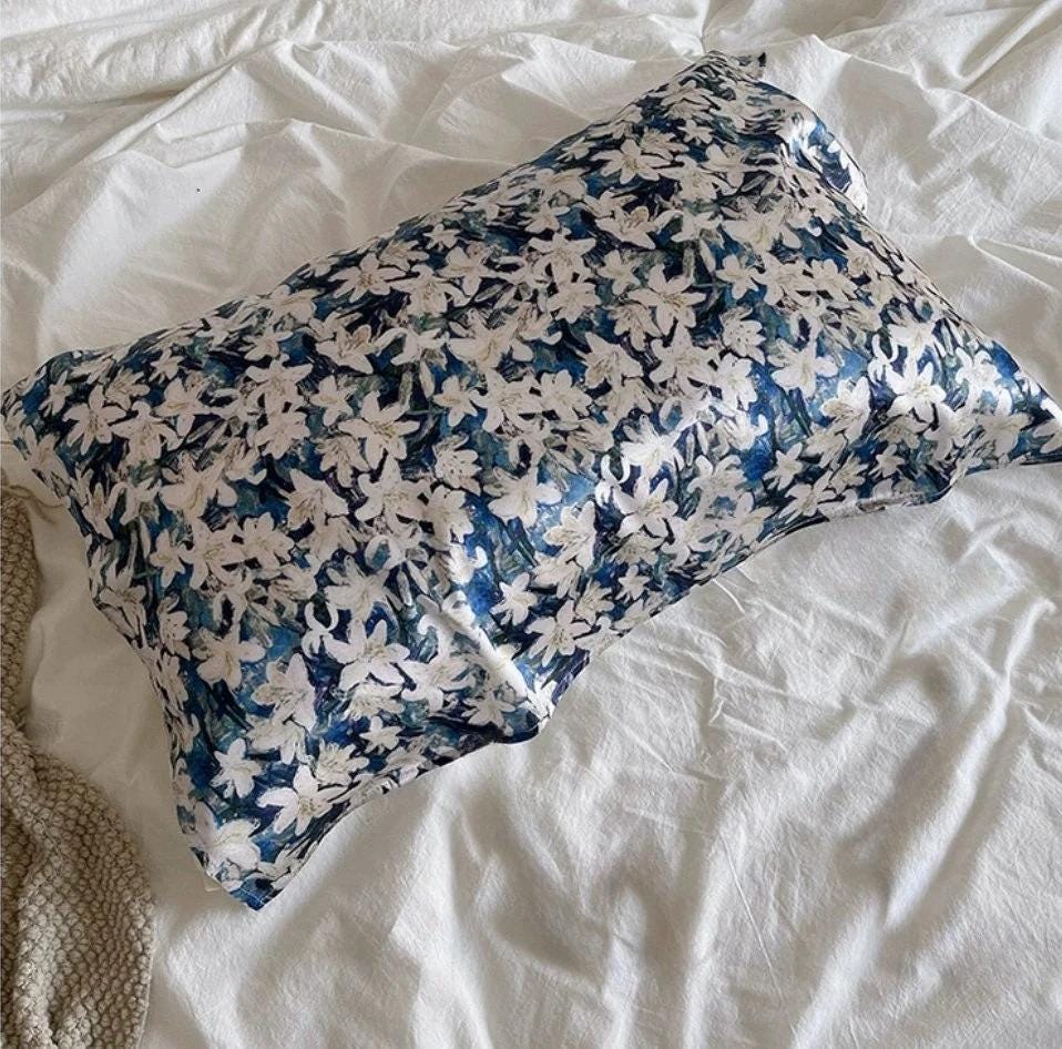 100% Silk Pillowcase Blue & WhiteOriental Lily for Luxury Silk Bedding Luxury Gift for Housewarming Gift for Wife Birthday Gift for her