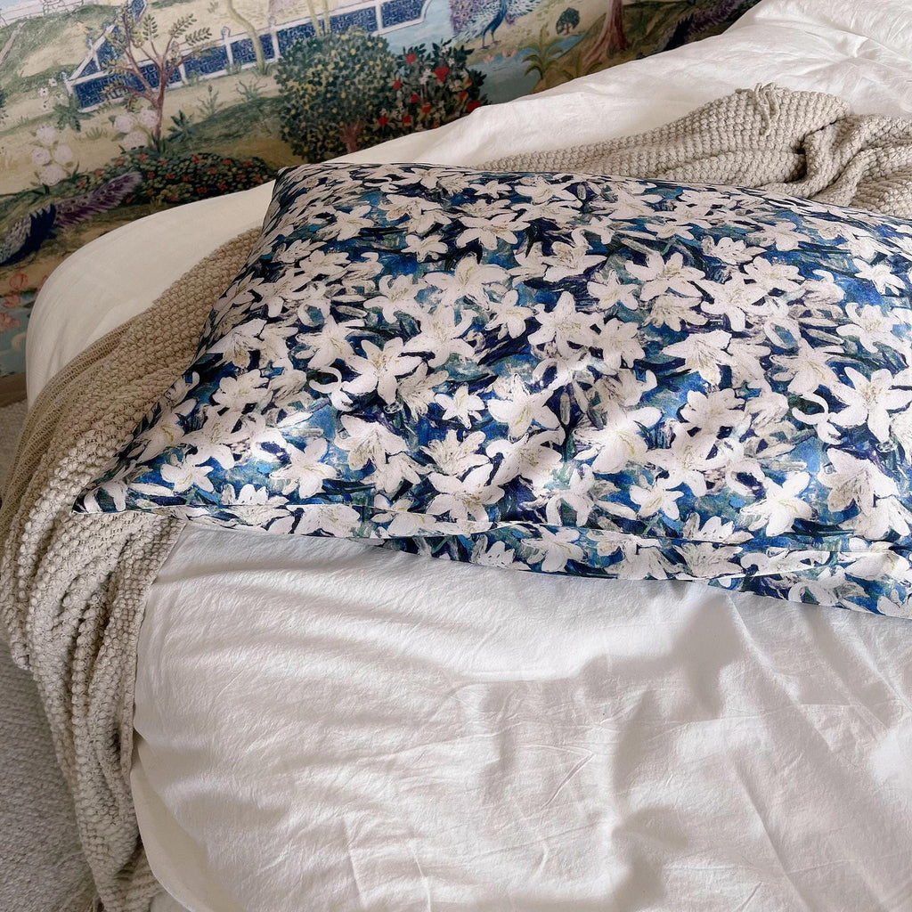 100% Silk Pillowcase Blue & WhiteOriental Lily for Luxury Silk Bedding Luxury Gift for Housewarming Gift for Wife Birthday Gift for her