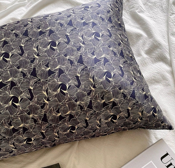 100% Silk Pillowcase for Men and Women - Silver Ginkgo Leaf Motif - Soft Cooling Hypoallergenic Gift for Him Husband Anniversary Gift