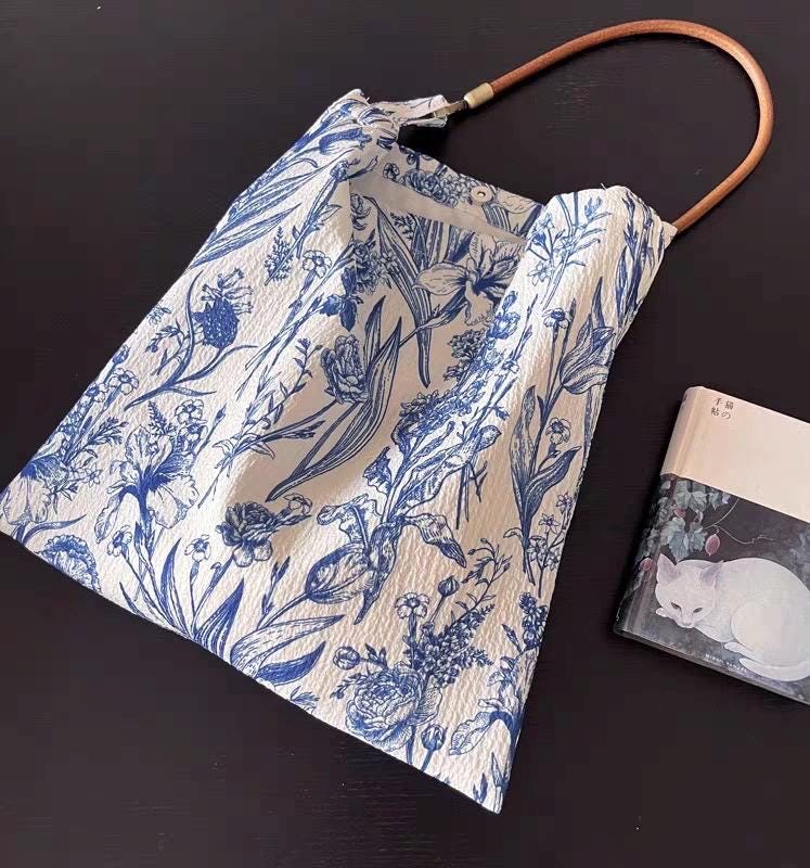 Blue Floral Shoulder Bag: Vintage Chinoiserie Print Tote with Faux Leather Strap