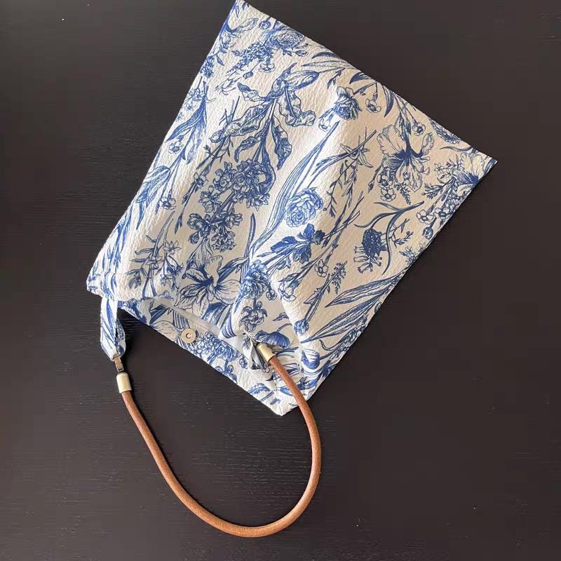 Blue Floral Shoulder Bag: Vintage Chinoiserie Print Tote with Faux Leather Strap
