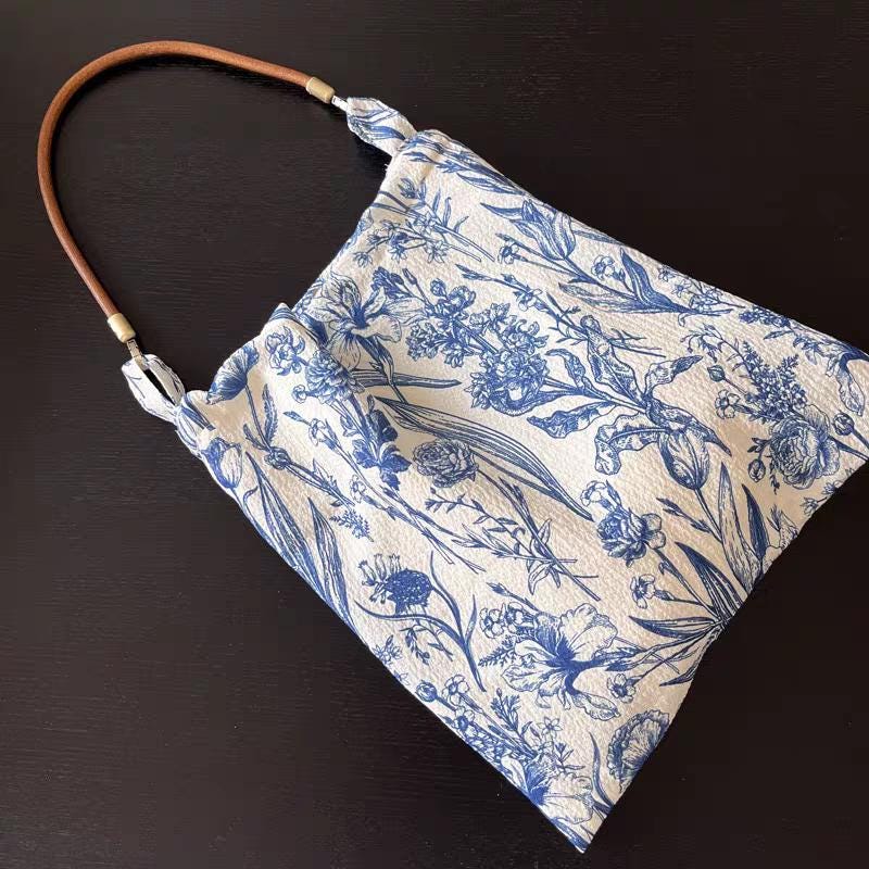 Blue Floral Shoulder Bag: Vintage Chinoiserie Print Tote with Faux Leather Strap