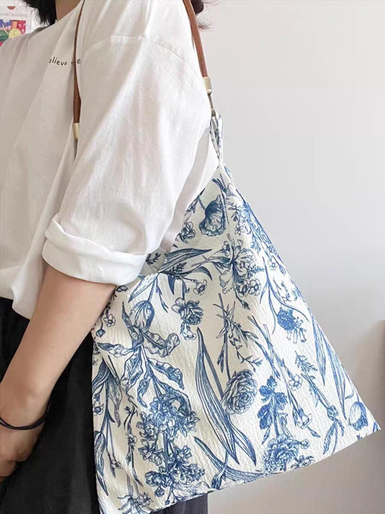 Blue Floral Shoulder Bag: Vintage Chinoiserie Print Tote with Faux Leather Strap
