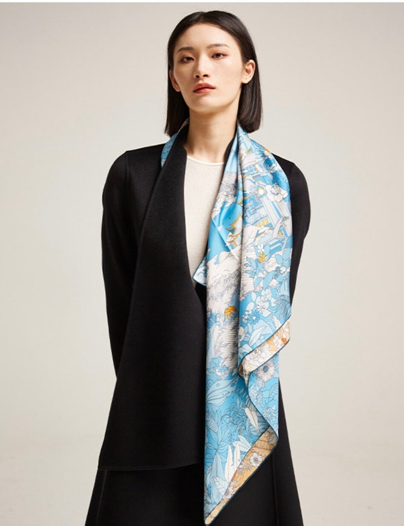Blue Silk Scarf Blue and Beige Inspired by Chinese Mythology Dual Colours Scarf Gift for Her Gift for Birthday Perfect Gift for Valentine’s