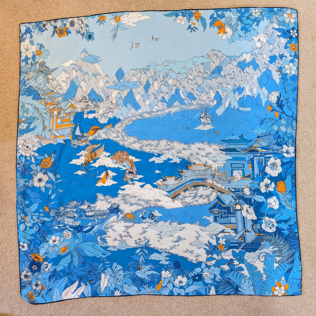 Blue Silk Scarf Blue and Beige Inspired by Chinese Mythology Dual Colours Scarf Gift for Her Gift for Birthday Perfect Gift for Valentine’s