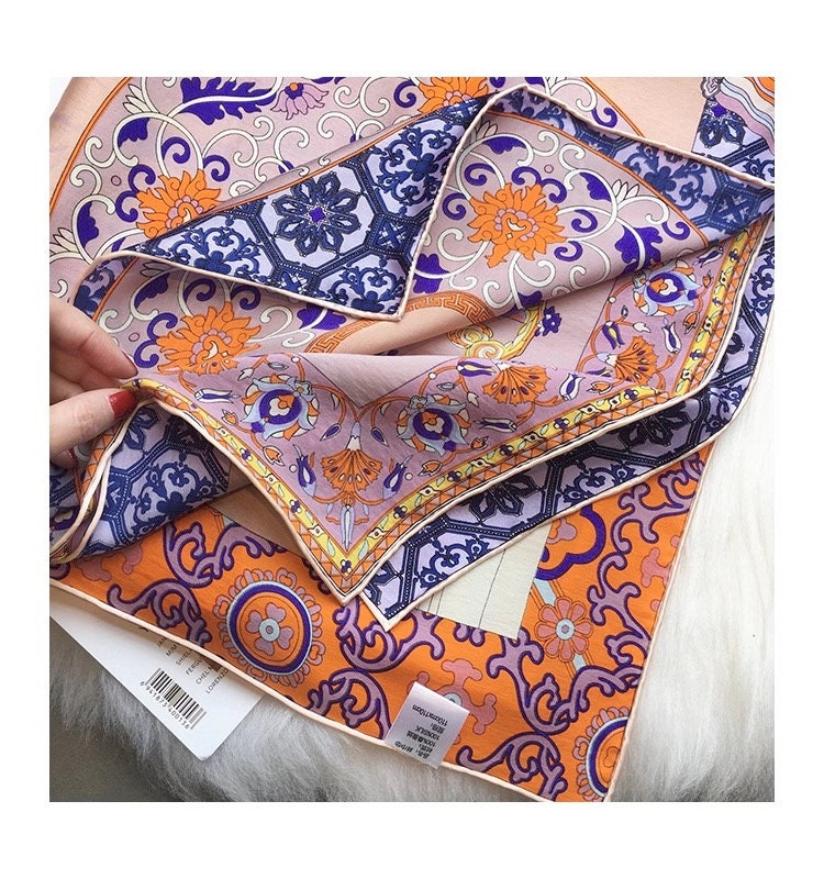 Oriental Pattern Mulberry Silk Scarf Silk Road Dual Colour Handmade Scarf 110cm Large Square Silk Shawl Oriental Heritage Gift for Birthday