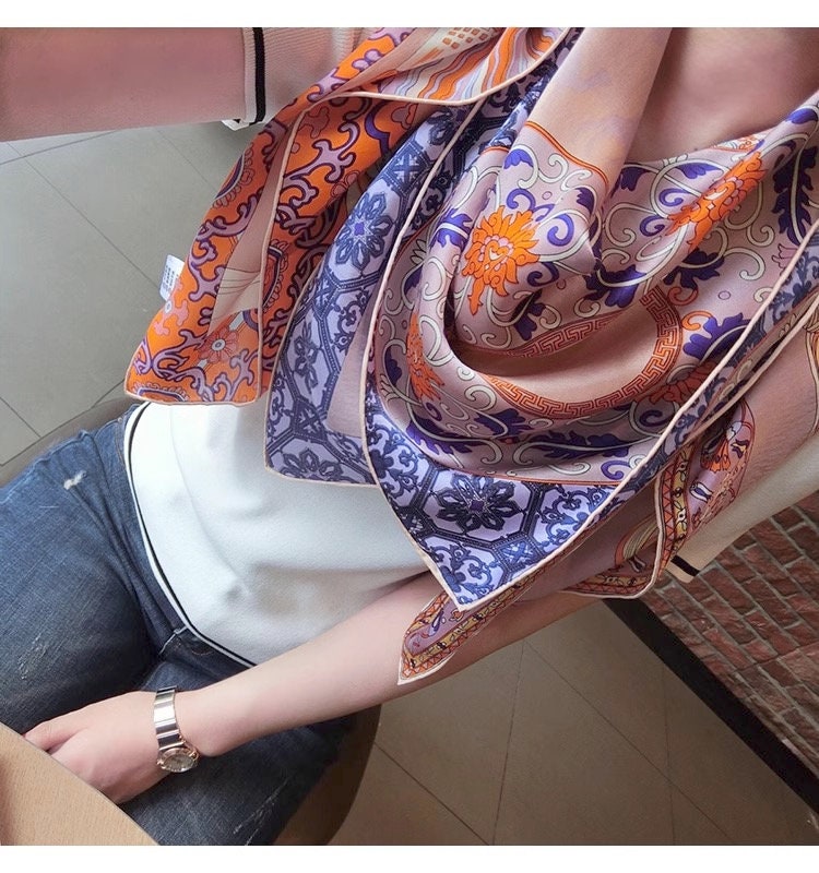 Oriental Pattern Mulberry Silk Scarf Silk Road Dual Colour Handmade Scarf 110cm Large Square Silk Shawl Oriental Heritage Gift for Birthday