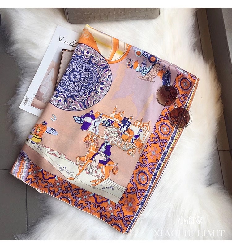 Oriental Pattern Mulberry Silk Scarf Silk Road Dual Colour Handmade Scarf 110cm Large Square Silk Shawl Oriental Heritage Gift for Birthday