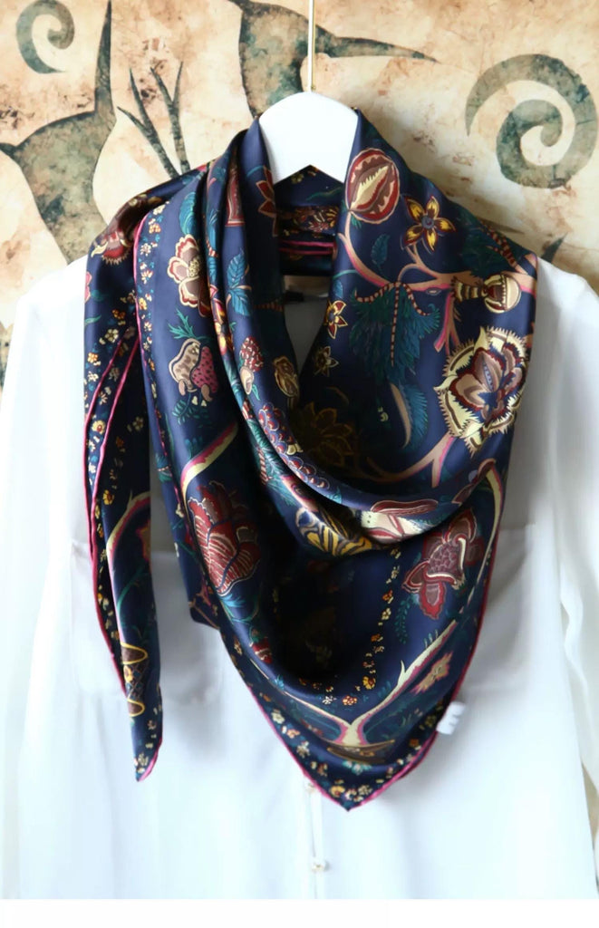 Ottoman Style Silk Scarf: Blue Floral Mulberry Silk Shawl - Musilin Headband