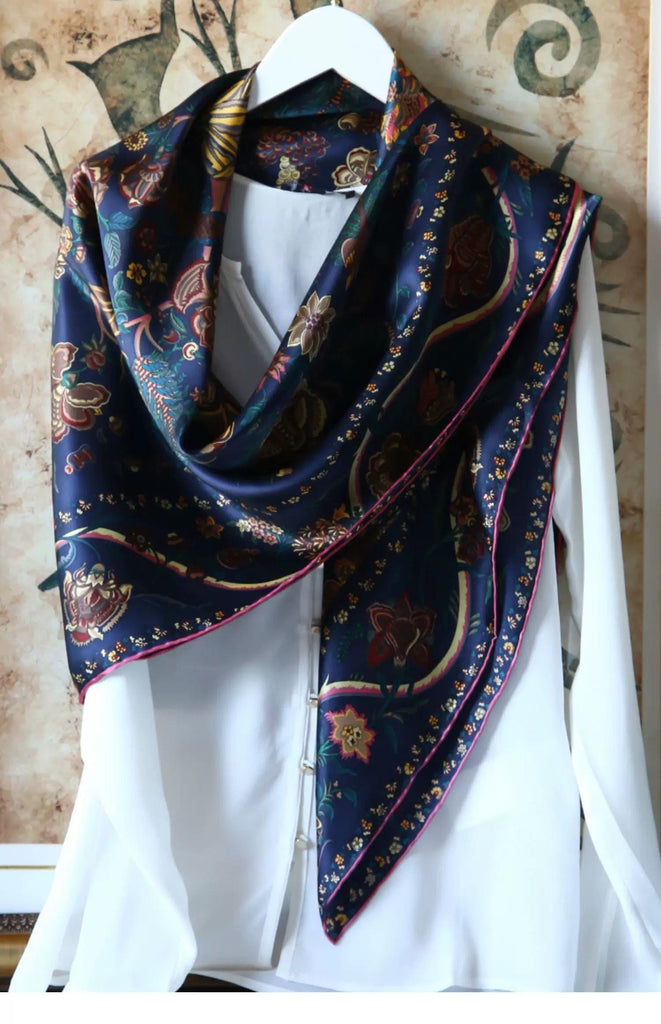 Ottoman Style Blue Silk Scarf 100% Mulberry Silk 106cm Square Hijab Shawl Head Wrap for Women Islamic Elegant Gift Ramadan Eid Modest Fashion Accessory