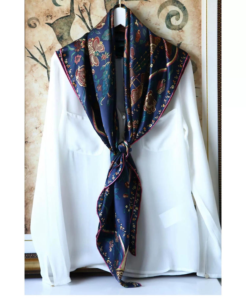 Ottoman Style Blue Silk Scarf 100% Mulberry Silk 106cm Square Hijab Shawl Head Wrap for Women Islamic Elegant Gift Ramadan Eid Modest Fashion Accessory