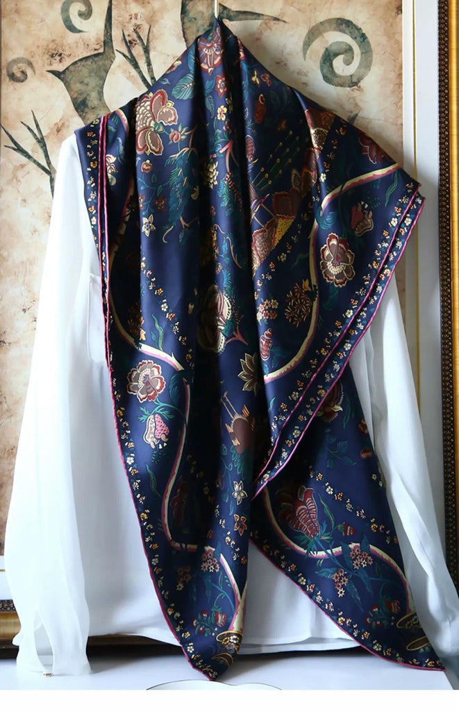 Ottoman Style Blue Silk Scarf 100% Mulberry Silk 106cm Square Hijab Shawl Head Wrap for Women Islamic Elegant Gift Ramadan Eid Modest Fashion Accessory