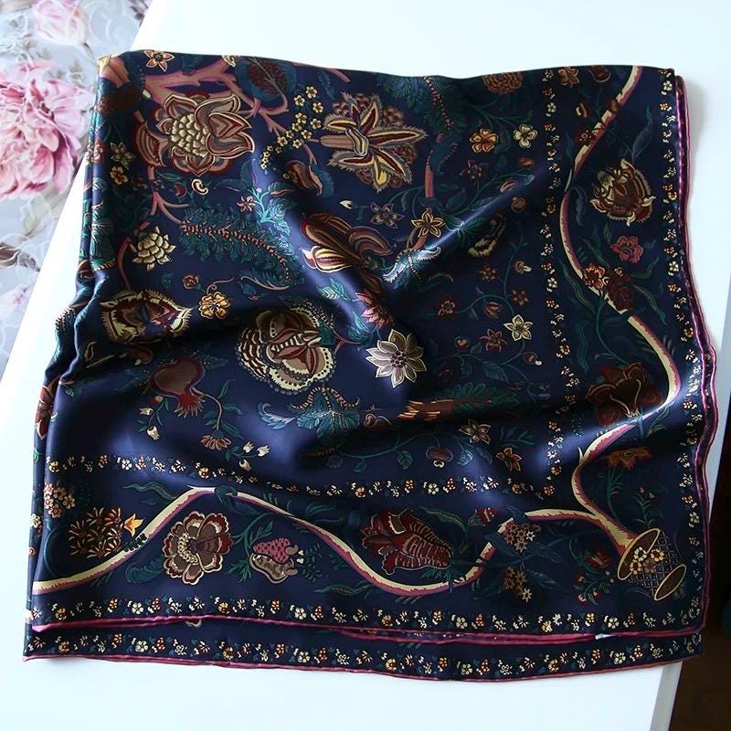 Ottoman Style Blue Silk Scarf 100% Mulberry Silk 106cm Square Hijab Shawl Head Wrap for Women Islamic Elegant Gift Ramadan Eid Modest Fashion Accessory