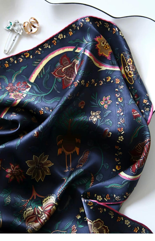 Ottoman Style Blue Silk Scarf 100% Mulberry Silk 106cm Square Hijab Shawl Head Wrap for Women Islamic Elegant Gift Ramadan Eid Modest Fashion Accessory
