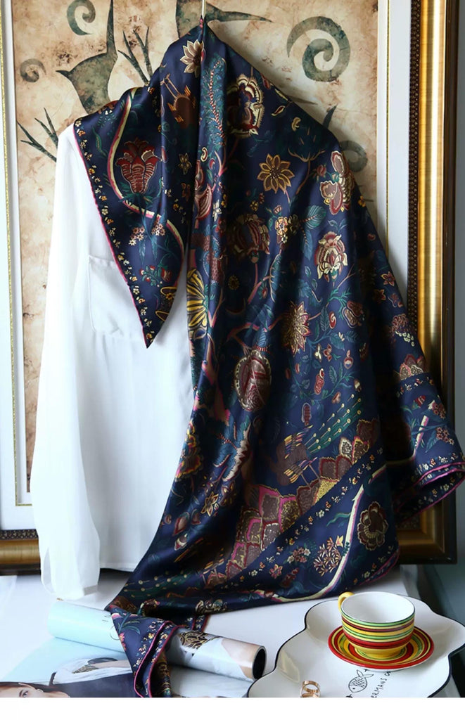 Ottoman Style Blue Silk Scarf 100% Mulberry Silk 106cm Square Hijab Shawl Head Wrap for Women Islamic Elegant Gift Ramadan Eid Modest Fashion Accessory