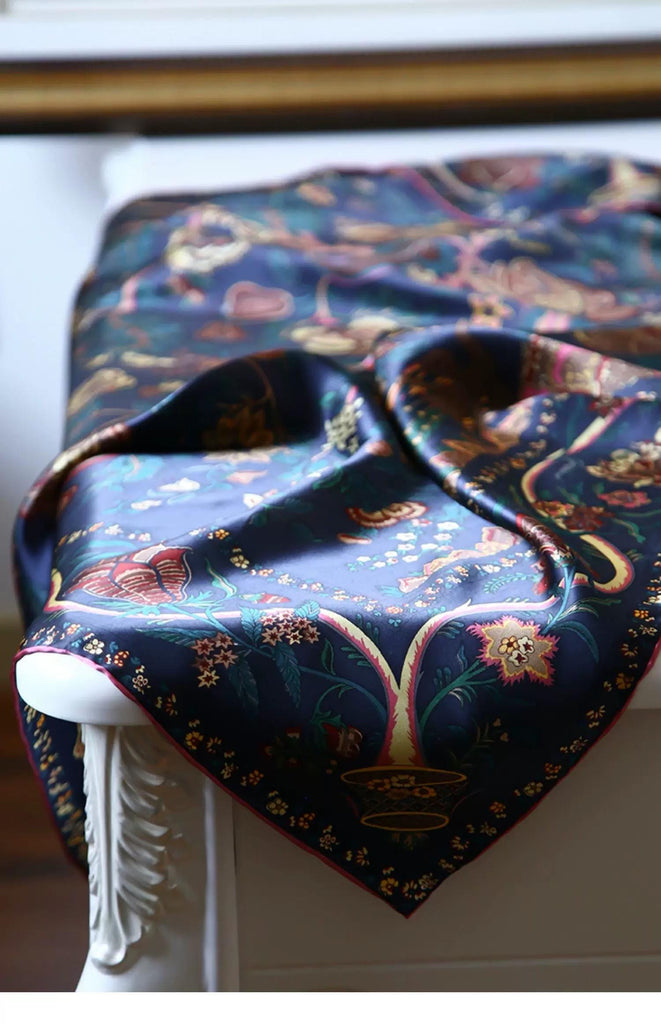 Ottoman Style Blue Silk Scarf 100% Mulberry Silk 106cm Square Hijab Shawl Head Wrap for Women Islamic Elegant Gift Ramadan Eid Modest Fashion Accessory
