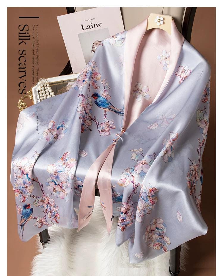 Reversible Mulberry Silk Scarf with Qipao Buttons – Double-Sided 6A Silk Wrap | Floral Bird Design Oriental Silk Shawl Hanfu Accessories
