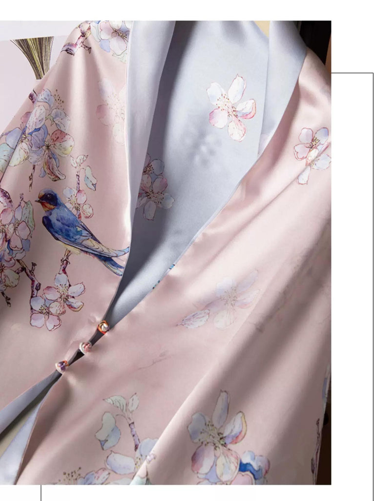 Reversible Mulberry Silk Scarf with Qipao Buttons – Double-Sided 6A Silk Wrap | Floral Bird Design Oriental Silk Shawl Hanfu Accessories