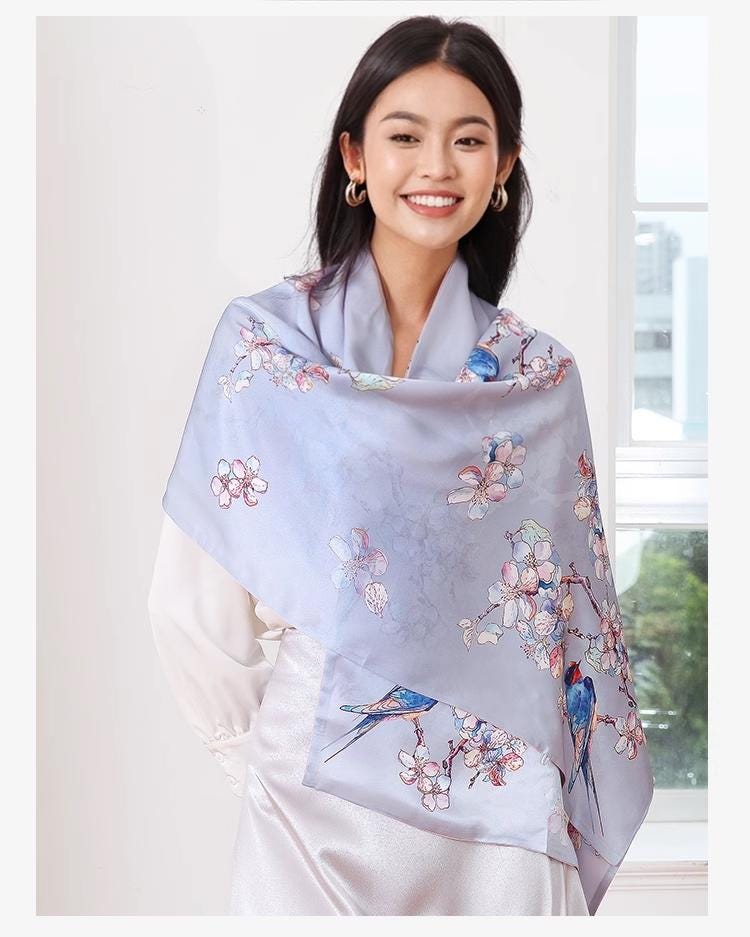 Reversible Mulberry Silk Scarf with Qipao Buttons – Double-Sided 6A Silk Wrap | Floral Bird Design Oriental Silk Shawl Hanfu Accessories