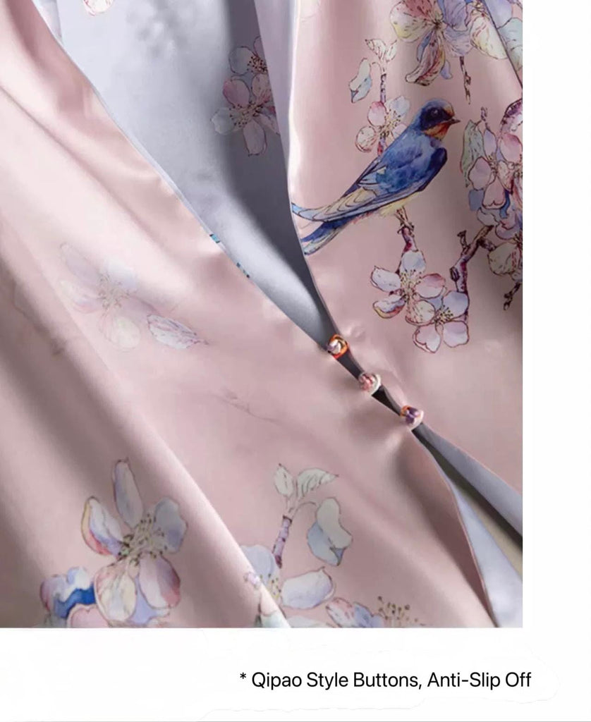 Reversible Mulberry Silk Scarf with Qipao Buttons – Double-Sided 6A Silk Wrap | Floral Bird Design Oriental Silk Shawl Hanfu Accessories
