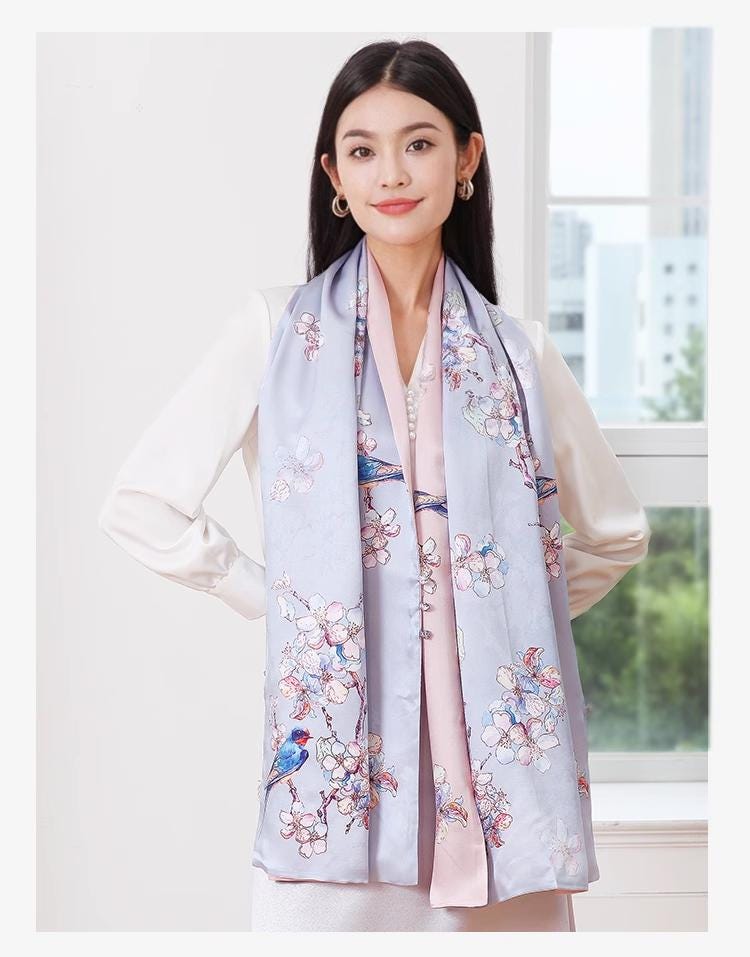 Reversible Mulberry Silk Scarf with Qipao Buttons – Double-Sided 6A Silk Wrap | Floral Bird Design Oriental Silk Shawl Hanfu Accessories