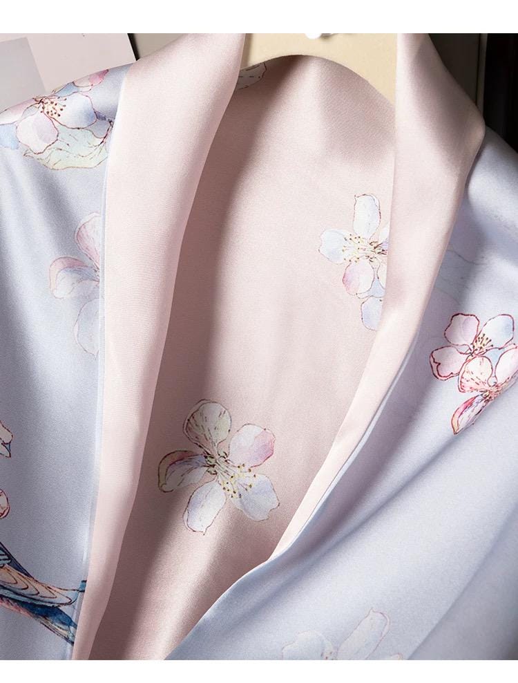 Reversible Mulberry Silk Scarf with Qipao Buttons – Double-Sided 6A Silk Wrap | Floral Bird Design Oriental Silk Shawl Hanfu Accessories