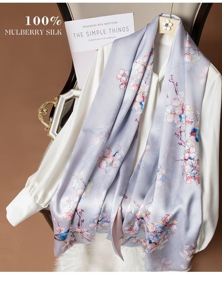 Reversible Mulberry Silk Scarf with Qipao Buttons – Double-Sided 6A Silk Wrap | Floral Bird Design Oriental Silk Shawl Hanfu Accessories