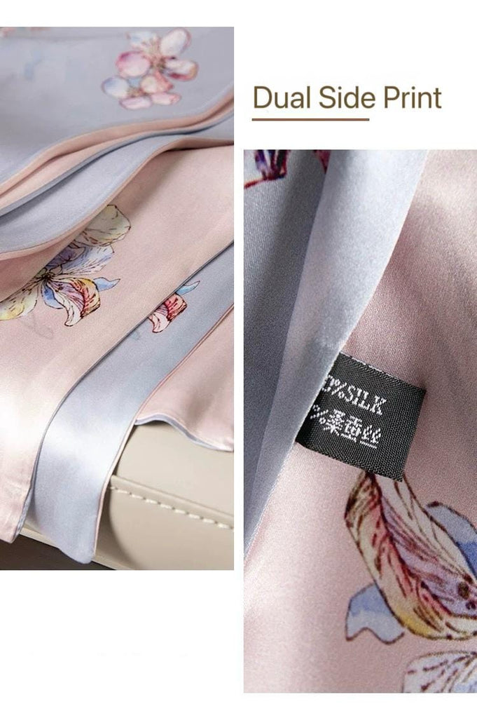 Reversible Mulberry Silk Scarf with Qipao Buttons – Double-Sided 6A Silk Wrap | Floral Bird Design Oriental Silk Shawl Hanfu Accessories