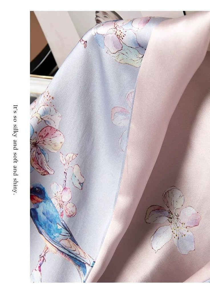 Reversible Mulberry Silk Scarf with Qipao Buttons – Double-Sided 6A Silk Wrap | Floral Bird Design Oriental Silk Shawl Hanfu Accessories