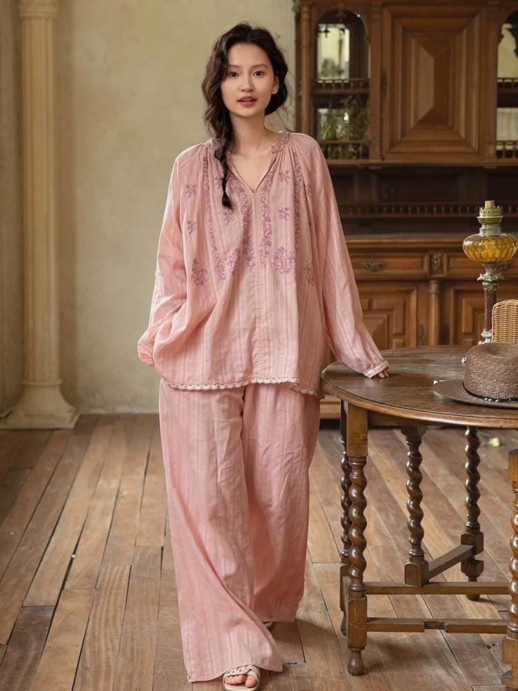 Pink Bamboo Cotton Pyjamas – Embroidered Dress or Two-Piece Pants Loungewear