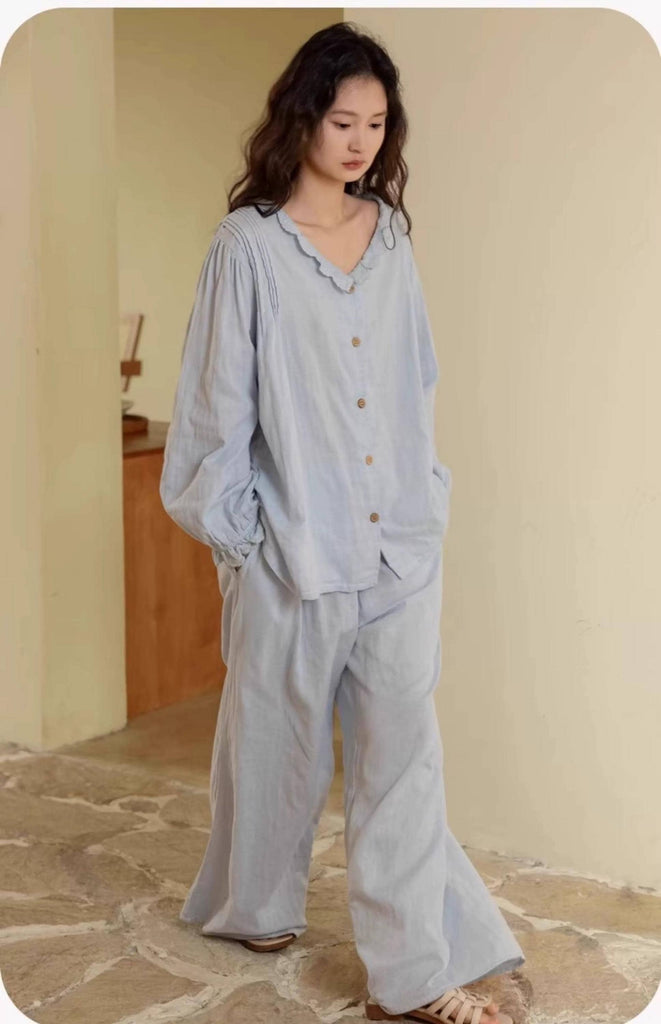 Sky Blue Women Pyjamas Organic Gauze Cotton Lightweight Soft Sleepwear Casual Loungewear Set with Embroidery or Ruffle Top Soft Summer PJs