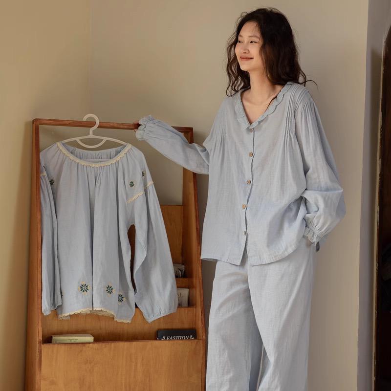 Sky Blue Women Pyjamas Organic Gauze Cotton Lightweight Soft Sleepwear Casual Loungewear Set with Embroidery or Ruffle Top Soft Summer PJs
