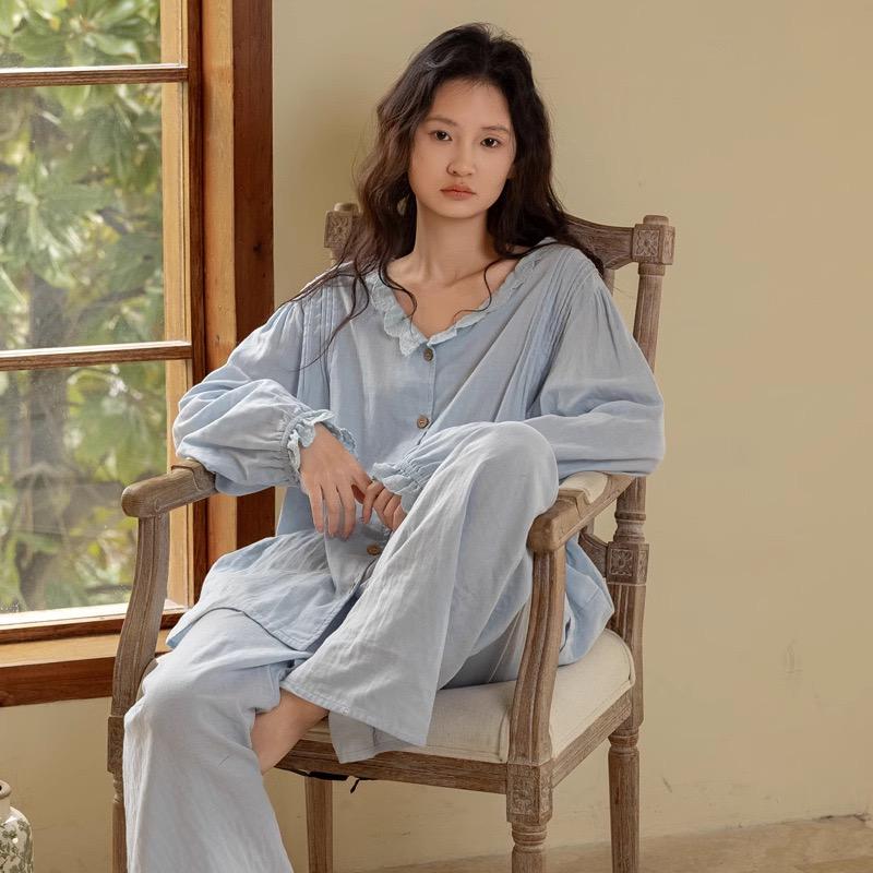Sky Blue Women Pyjamas Organic Gauze Cotton Lightweight Soft Sleepwear Casual Loungewear Set with Embroidery or Ruffle Top Soft Summer PJs
