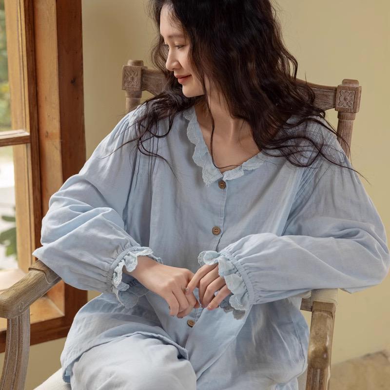 Sky Blue Women Pyjamas Organic Gauze Cotton Lightweight Soft Sleepwear Casual Loungewear Set with Embroidery or Ruffle Top Soft Summer PJs