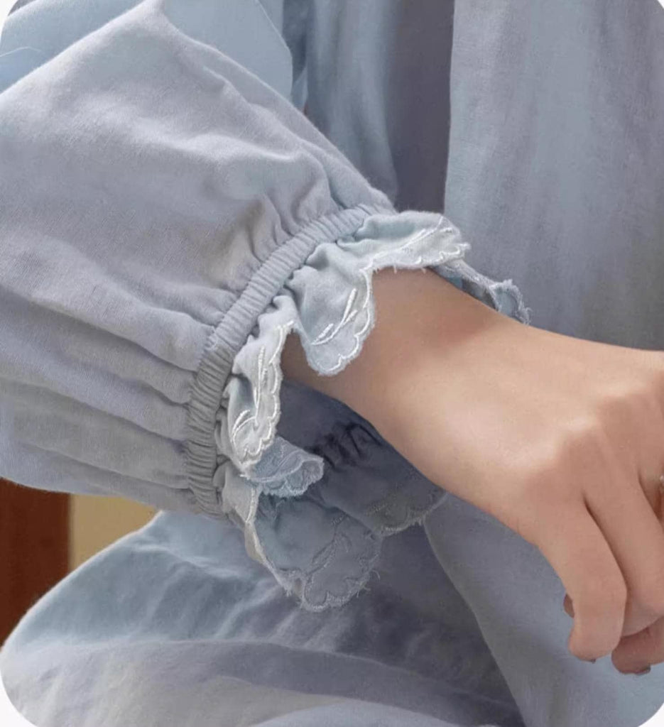 Sky Blue Women Pyjamas Organic Gauze Cotton Lightweight Soft Sleepwear Casual Loungewear Set with Embroidery or Ruffle Top Soft Summer PJs