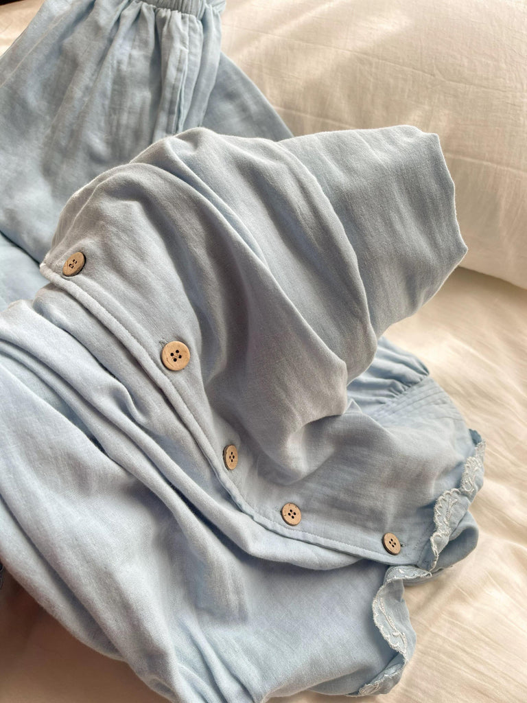 Sky Blue Women Pyjamas Organic Gauze Cotton Lightweight Soft Sleepwear Casual Loungewear Set with Embroidery or Ruffle Top Soft Summer PJs